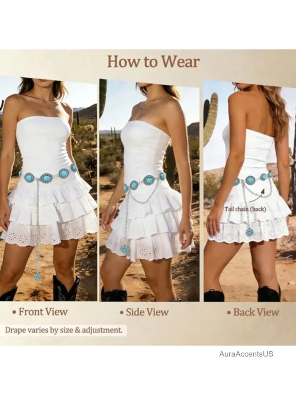 Turquoise Concho Belt Silver Western Chain Cowgirl Style Women